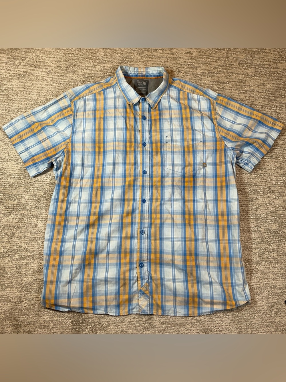 Mountain Hardwear Button Up Shirt Mens XXL Blue Orange Plaid Short Sleeve Hiking